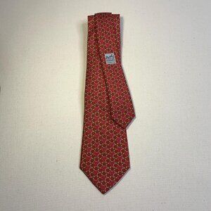 Hermès Vintage Red Silk Tie with Geometric Chain Pattern - Timeless Luxury Acces